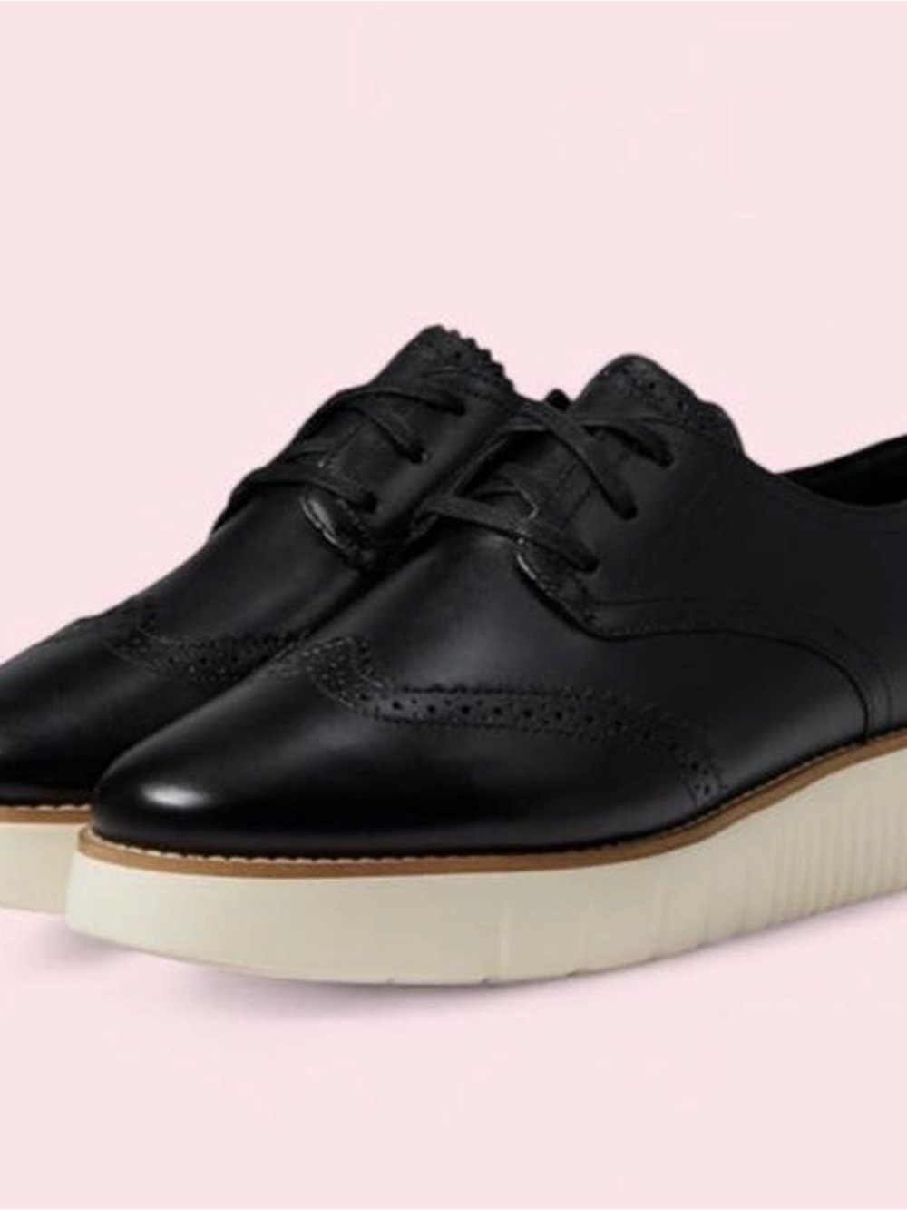 Cole Haan Black Leather Wingtip Platform Oxfords with Cream Sole